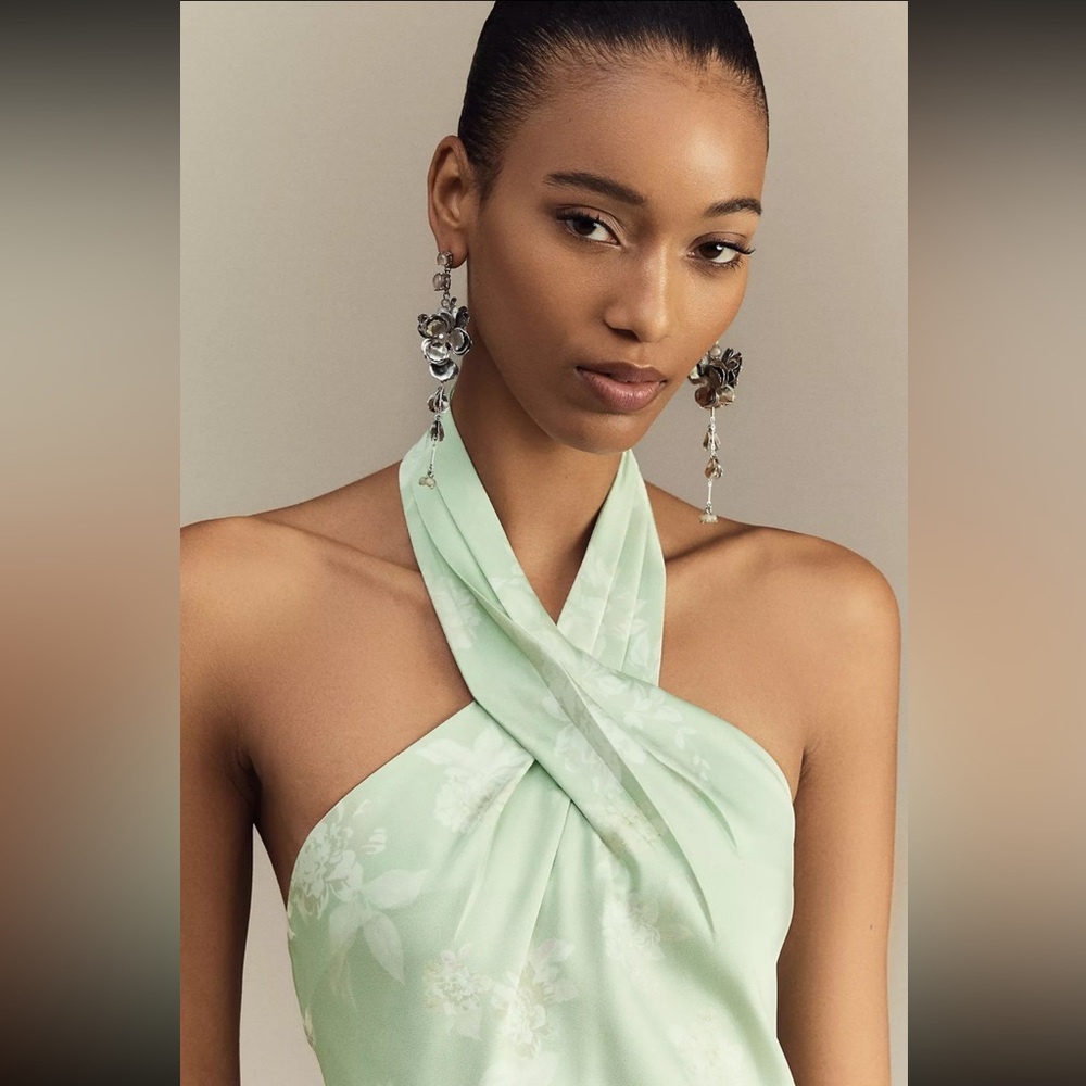 BHLDN Ruby Twist Halter Satin Gown Size 4 Sage Green Floral
Maxi Bridesmaid Dres - Picture 5 of 9